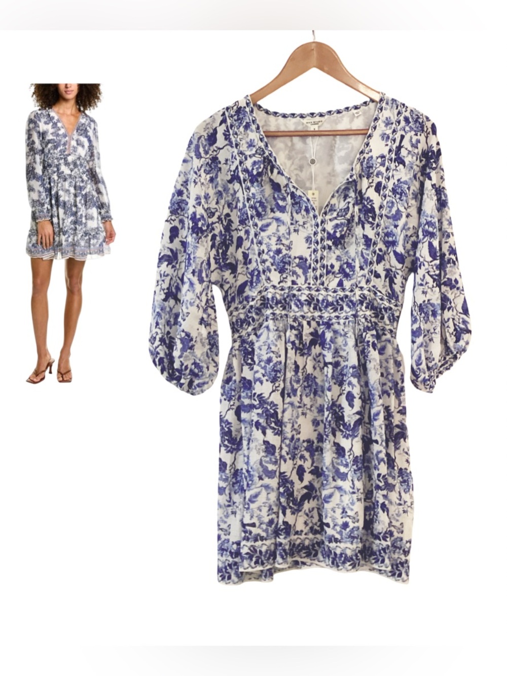 Max Studio London Blue and White Botanical Floral V-Neck Babydoll Dress